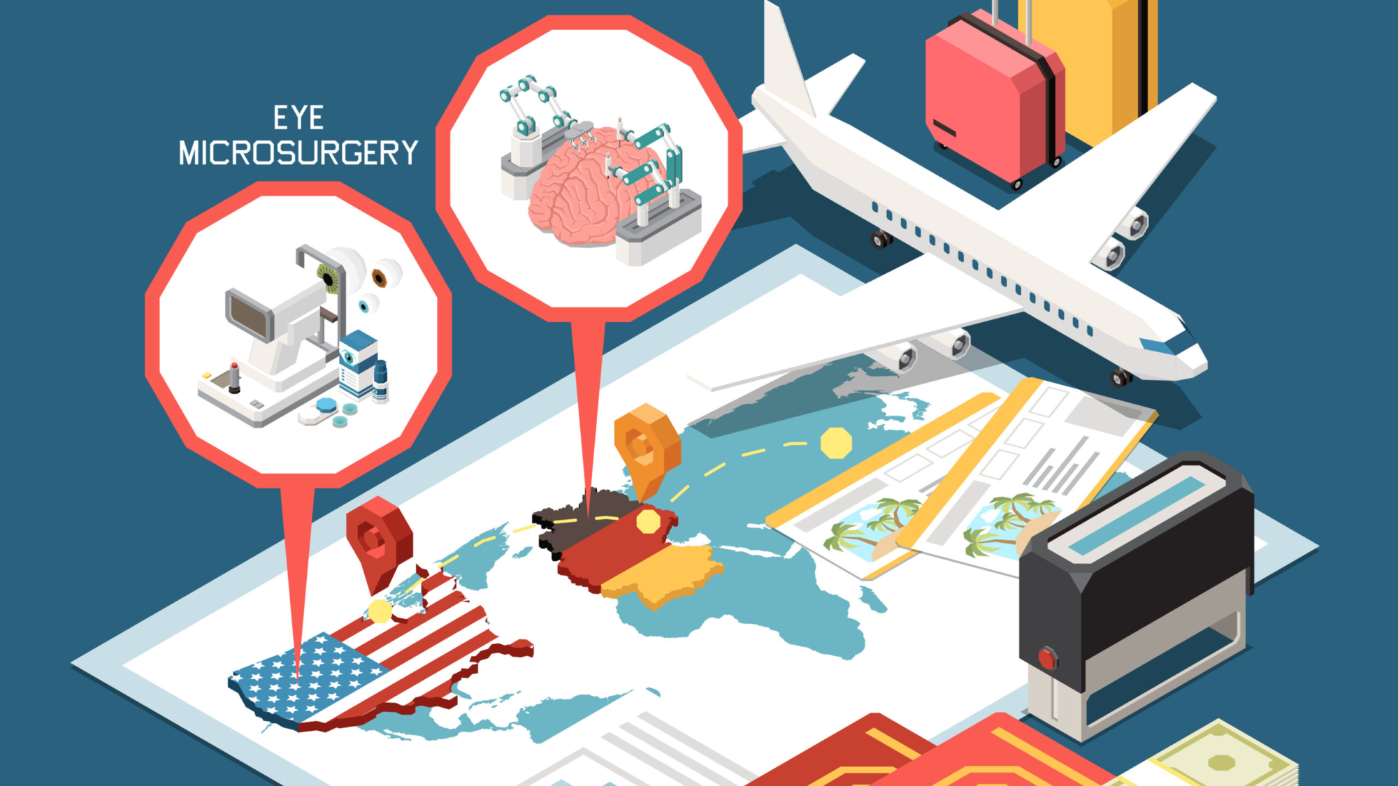Medical tourism isometric composition with eye microsurgery neurosurgery and travel 3d symbols on colored background vector illustration