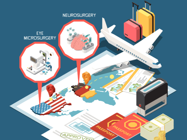Medical tourism isometric composition with eye microsurgery neurosurgery and travel 3d symbols on colored background vector illustration